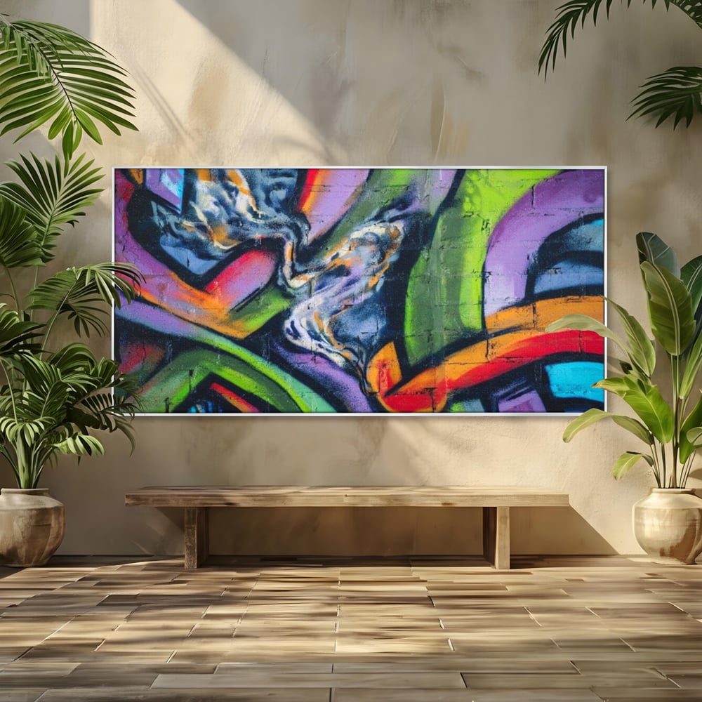 Tablou canvas cu tablou canvas cu graffiti abstract colorat, in rama de aluminiu argintiu